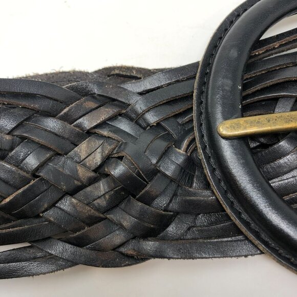 Hobo International Black Woven Leather Belt Brass Buckle Size Small Statement - Picture 5 of 7